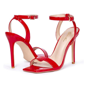 Square Toe Ankle Strap Stiletto High Heeled Sandals - Red