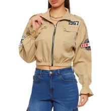 Load image into Gallery viewer, KHAKI LETTER PRINT PATCH WORK CROPPED GRAPHIC JACKET