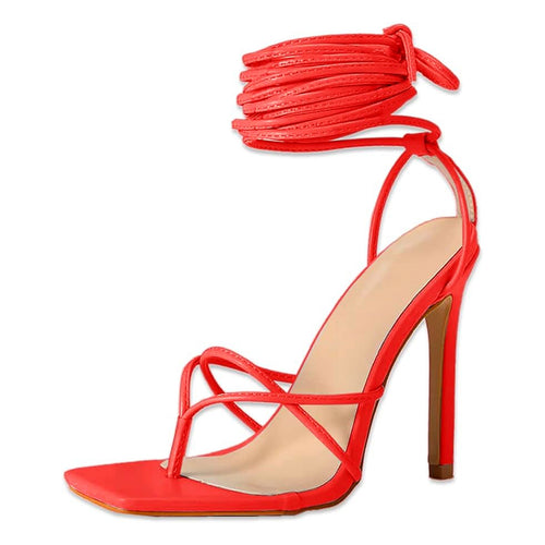 Lace Me Up Ankle Strap Stiletto High Heeled Sandals - Red