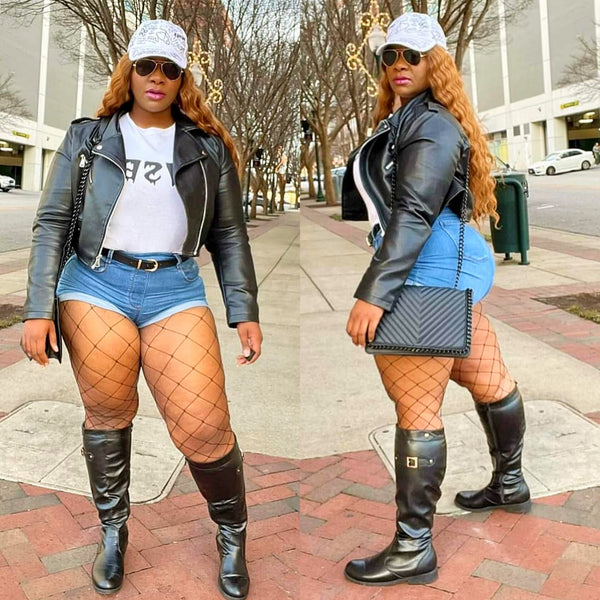 Black Cropped Biker Jacket Tryon | Plus Size Curvy Model