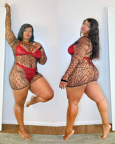 Red Lingerie Black Fishnet Dress Tryon Plus Size Curvy Outfit