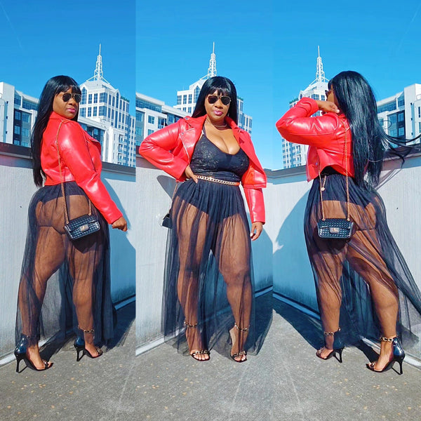 Red Biker Jacket Black Sheer Dress High Heels Tryon Outfit Of The Day #PlusSize #Curvy #Women