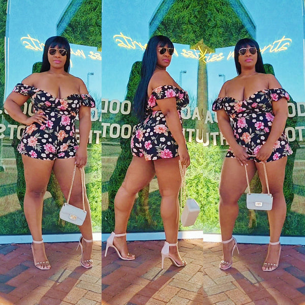Black Floral Off Shoulder Ruffle Romper Tryon Plus Size Curvy Outfit