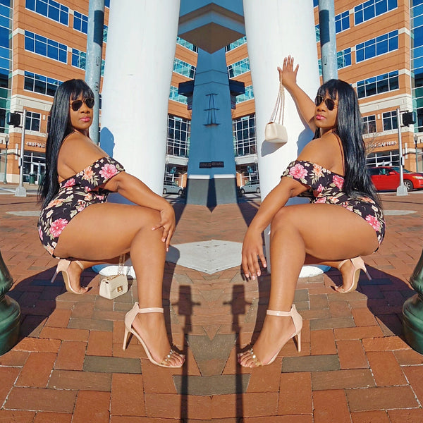 Floral Off Shoulder Black Ruffle Romper Tryon Plus Size Curvy Outfit