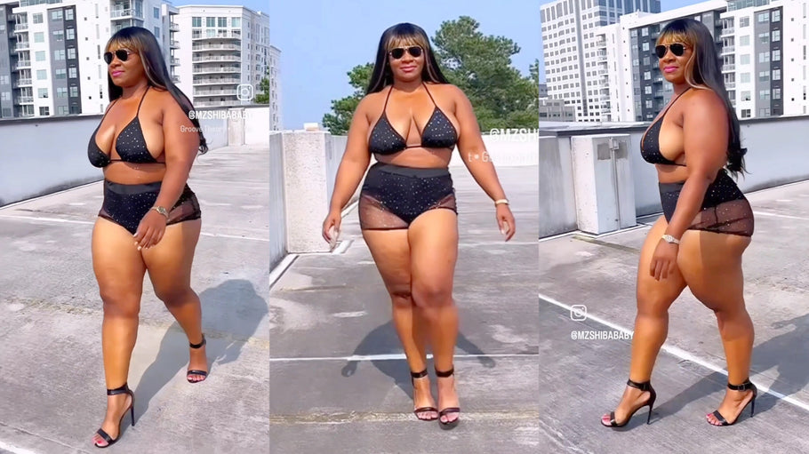 Black 2 Piece Sheer Bikini Shorts Set Black High Heels Plus Size Curvy Vacation Wear Party Outfit