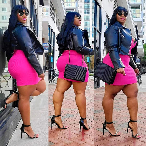Pink Dress Black High Heels Cropped Biker Jacket Tryon Plus Size Curvy Outfit