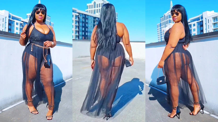 Sexy Black Sheer See Through Long Party Dress Plus Size Curvy Model
