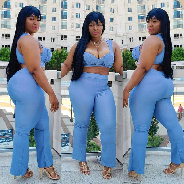 Crop Top Blue Pants Set TryOn #ootd #thickandcurvy #curvywomen #plussize #curvy #ThickWomen