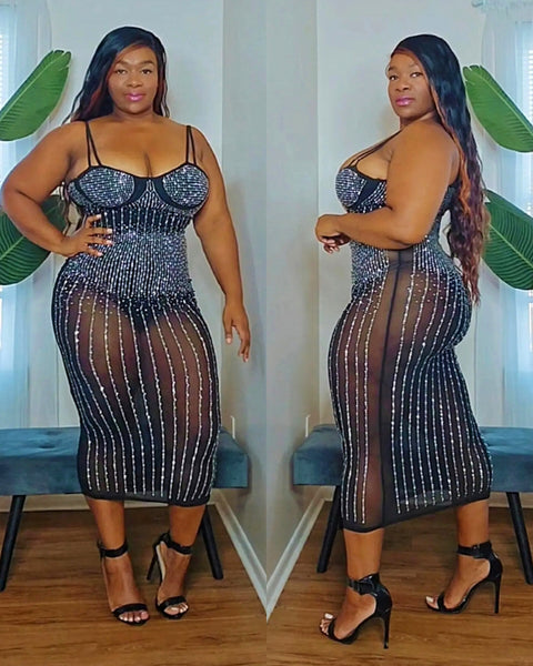 Black Sheer Rhinestone Party Dress Tryon #ootd #curvy #thick #plussize