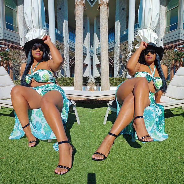 Thick Legs Crossed Black High Heels Tropical Vacation Outfit #plussize #curvy #thick