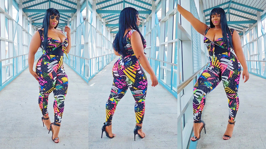 Very Bold Multi Color Jumpsuit Outfit Tryon Video Curvy Thick Model