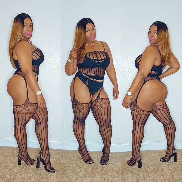 Black Stripped Stockings One Piece Bodysuit Lingerie Of The Day Curvy Plus Size Collection