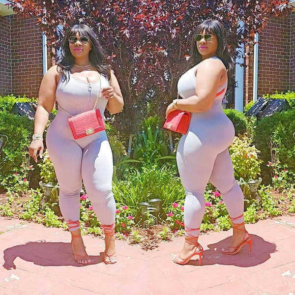 Comfy Grey Jumpsuit Red High Heels #tryon #ootd #Thick #Curvy #PlusSize #Fashion