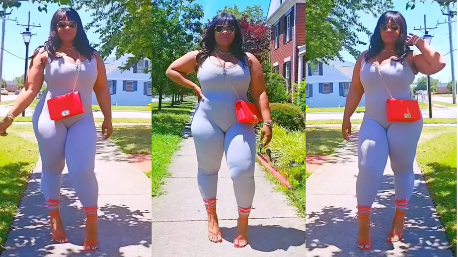 Fit Of The Day Grey Jumpsuit Red High Heels TryOn Curvy Plus Size Model