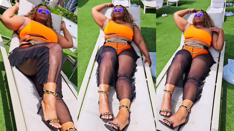 Vacation Fit Of The Day Orange Bikini Black High Heels Tryon Curvy Plus Size Outfit