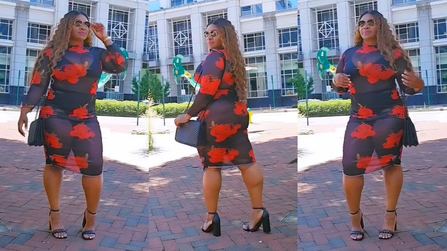 Red Floral Black Sheer Mesh Dress Tryon Plus Size Curvy Outfit Idea