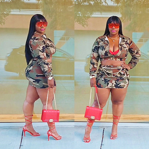 Red High Heels Camo Print Mini Skirt Set Outfit TryOn #CurvyWomen #PlusSizeWomen