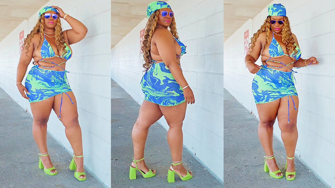 Lime Green And Blue Vacation Beach Wear 3 Piece Bikini Skirt Set Curvy Plus Size Women