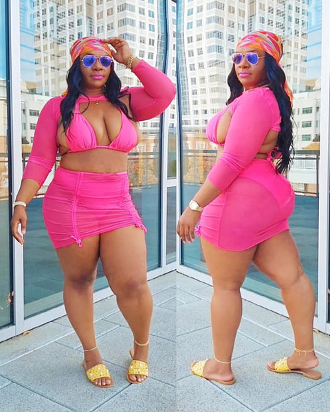 Vacation Wear Pink Bikini Skirt Set Tryon Curvy Plus Size Women