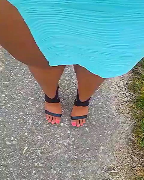 Thick Long Legs Mint Green Mini Dress Black High Heels Pink Toes Walking POV