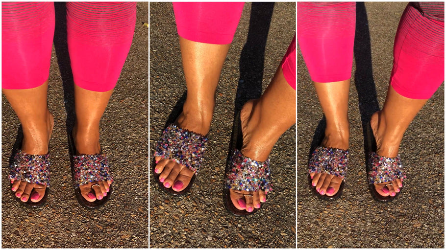 Pink Toes, Fresh oily feet, Pink multi colored Sandal slides, Sun Shining