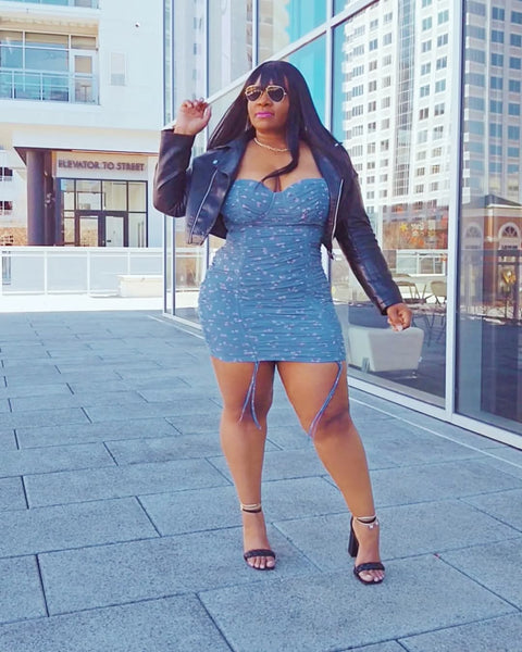 Blue Floral Summer Mini Dress Black High Heels Cropped Biker Jacket Curvy Plus Size Fashion