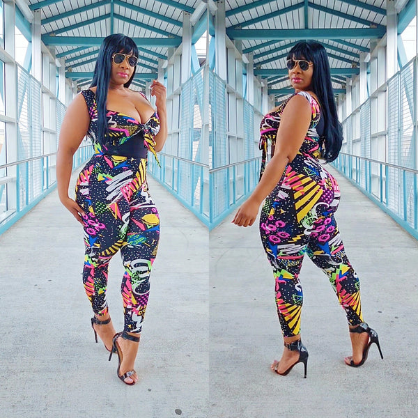 Very Bold Multi Color Jumpsuit Outfit Tryon Curvy Thick Model