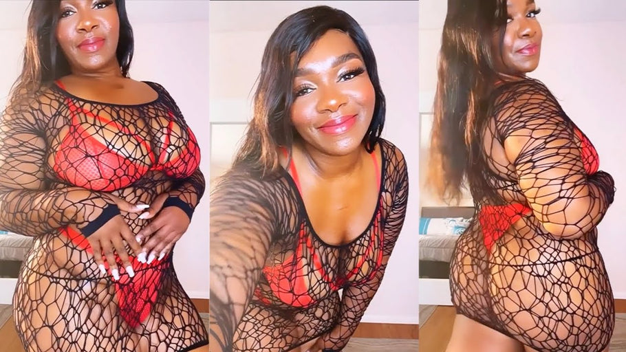 Black Net Dress Red Lingerie TryOn #PlusSize #Curvy #Fashion #Model #ootd