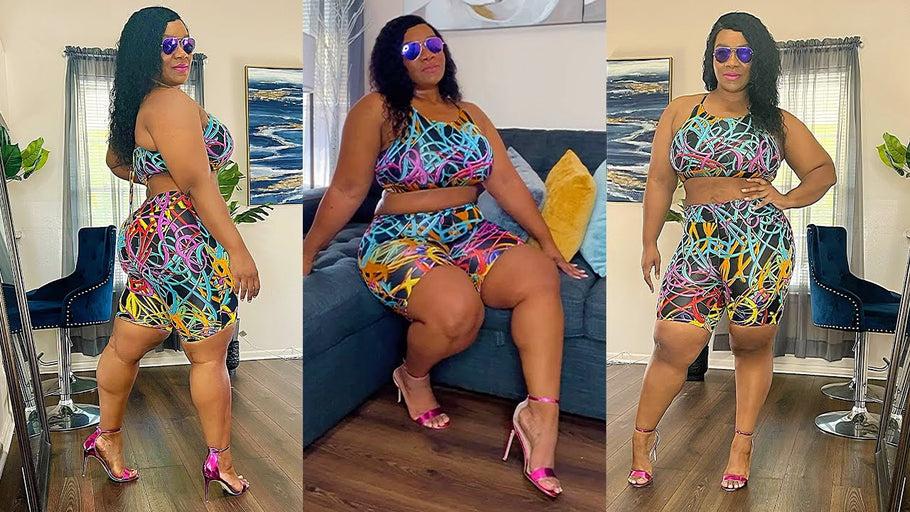 Multi Color Short Set Pink High Heels Tryon #Curvy #Thick #PlusSize #Model