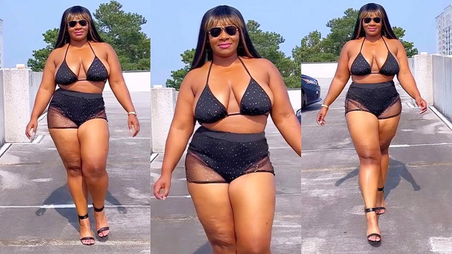 Black Mesh High Waist Sparkle Bikini Shorts Set #plussizefashion #thickwomen #curvywomen