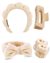 Load image into Gallery viewer, 5 Pcs Spa Headbands for women and girls face washing, makeup, facial skin care, fluffy sponge SPA hairband bow hairband hairpin wristband set. (pink)