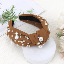 Load image into Gallery viewer, Brown Headband for Women Pearl Knotted Headband Sparkly Rhinestone Pearls Top Knotted Headbands Fashion Accessories Cute Hair Bands for Women Girls