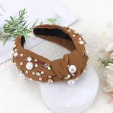Load image into Gallery viewer, Brown Headband for Women Pearl Knotted Headband Sparkly Rhinestone Pearls Top Knotted Headbands Fashion Accessories Cute Hair Bands for Women Girls