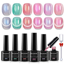 Load image into Gallery viewer, MIZHSE Pearl Gel Nail Polish Set, 6 Colors Iridescent Shimmer Aurora Blue Pearl White Purple Mermaid Gel Nail Polish Soak Off U V LED Shell Thread Effect,for Nail Salon Home Manicure