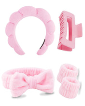 Load image into Gallery viewer, 5 Pcs Spa Headbands for women and girls face washing, makeup, facial skin care, fluffy sponge SPA hairband bow hairband hairpin wristband set. (pink)