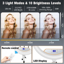 Load image into Gallery viewer, 22'' Ring Light with 75'' Tripod Stand, LED Display/2 USB Ports/6500K Dimmable Ring Light for ipad Phone Holder for Tattoo Lash Live Makeup Video Recording TikTok Barber Stylist Photography