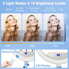 Load image into Gallery viewer, 22'' Ring Light with 75'' Tripod Stand, LED Display/2 USB Ports/6500K Dimmable Ring Light for ipad Phone Holder for Tattoo Lash Live Makeup Video Recording TikTok Barber Stylist Photography
