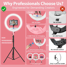 Load image into Gallery viewer, 22'' Ring Light with 75'' Tripod Stand, LED Display/2 USB Ports/6500K Dimmable Ring Light for ipad Phone Holder for Tattoo Lash Live Makeup Video Recording TikTok Barber Stylist Photography