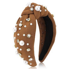 Load image into Gallery viewer, Brown Headband for Women Pearl Knotted Headband Sparkly Rhinestone Pearls Top Knotted Headbands Fashion Accessories Cute Hair Bands for Women Girls