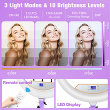 Load image into Gallery viewer, 22'' Ring Light with 75'' Tripod Stand, LED Display/2 USB Ports/6500K Dimmable Ring Light for ipad Phone Holder for Tattoo Lash Live Makeup Video Recording TikTok Barber Stylist Photography