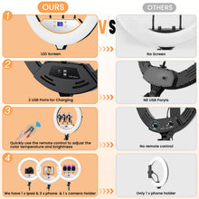 Load image into Gallery viewer, 22'' Ring Light with 75'' Tripod Stand, LED Display/2 USB Ports/6500K Dimmable Ring Light for ipad Phone Holder for Tattoo Lash Live Makeup Video Recording TikTok Barber Stylist Photography