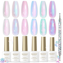 Load image into Gallery viewer, MIZHSE Pearl Gel Nail Polish Set, 6 Colors Iridescent Shimmer Aurora Blue Pearl White Purple Mermaid Gel Nail Polish Soak Off U V LED Shell Thread Effect,for Nail Salon Home Manicure