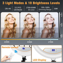Load image into Gallery viewer, 22'' Ring Light with 75'' Tripod Stand, LED Display/2 USB Ports/6500K Dimmable Ring Light for ipad Phone Holder for Tattoo Lash Live Makeup Video Recording TikTok Barber Stylist Photography