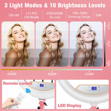 Load image into Gallery viewer, 22'' Ring Light with 75'' Tripod Stand, LED Display/2 USB Ports/6500K Dimmable Ring Light for ipad Phone Holder for Tattoo Lash Live Makeup Video Recording TikTok Barber Stylist Photography