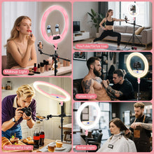 Load image into Gallery viewer, 22'' Ring Light with 75'' Tripod Stand, LED Display/2 USB Ports/6500K Dimmable Ring Light for ipad Phone Holder for Tattoo Lash Live Makeup Video Recording TikTok Barber Stylist Photography