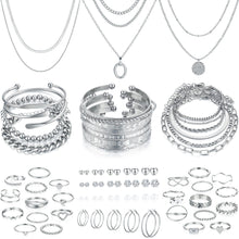 Load image into Gallery viewer, FAXHION 68 Pcs Gold Jewelry Set for Women with 7 Necklace, 17 Bracelet, 5 Hoop Earrings, 15 Stud Earrings, 24 Knuckle Rings for Women Jewelry Set for Women