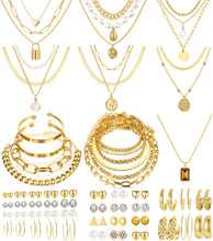 Load image into Gallery viewer, FAXHION 68 Pcs Gold Jewelry Set for Women with 7 Necklace, 17 Bracelet, 5 Hoop Earrings, 15 Stud Earrings, 24 Knuckle Rings for Women Jewelry Set for Women