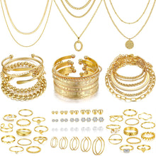 Load image into Gallery viewer, FAXHION 68 Pcs Gold Jewelry Set for Women with 7 Necklace, 17 Bracelet, 5 Hoop Earrings, 15 Stud Earrings, 24 Knuckle Rings for Women Jewelry Set for Women