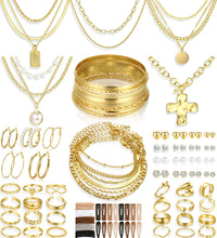 Load image into Gallery viewer, FAXHION 68 Pcs Gold Jewelry Set for Women with 7 Necklace, 17 Bracelet, 5 Hoop Earrings, 15 Stud Earrings, 24 Knuckle Rings for Women Jewelry Set for Women