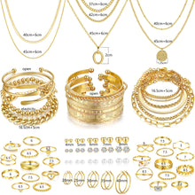 Load image into Gallery viewer, FAXHION 68 Pcs Gold Jewelry Set for Women with 7 Necklace, 17 Bracelet, 5 Hoop Earrings, 15 Stud Earrings, 24 Knuckle Rings for Women Jewelry Set for Women